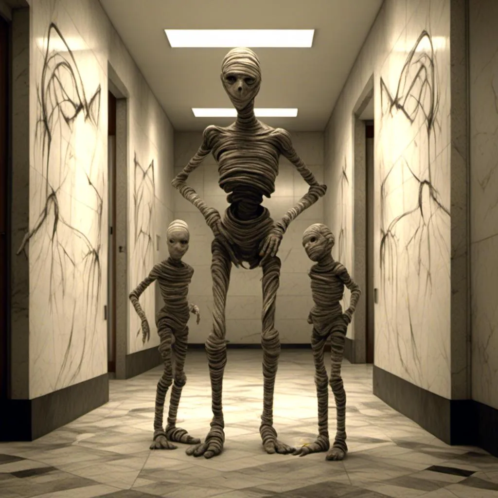 Prompt: <mymodel>a creepy looking creature with a large head and two smaller heads on his body in a hallway with a wall, shock art, hyper real, a 3D render