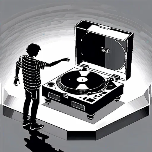 Prompt: <mymodel> here's an isometric view of a hand DJ: In this isometric view, the DJ is standing with both hands on the turntable, manipulating the record. The record is spinning quickly, creating a dynamic effect. The turntable is positioned in the center of the isometric space, with the DJ's hands hovering above it. The DJ's arms are positioned slightly out to the sides, creating a dynamic and energetic composition. The whole scene is presented from an isometric viewpoint, with a dynamic perspective and a cinematic quality.