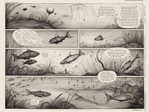 Prompt: <mymodel><mymodel>stroyboard, storytelling, script comic book, Creez un dessin a la main surrealiste en noir et blanc d'un poisson squelettique en train de nager dans un paysage onirique. Le poisson doit avoir des bulles de dialogue contenant des mots et des lettres etranges. Le fond doit etre abstrait et enigmatique. Couleurs : Noir et blanc. Style : Onirisme et abstrait. Dessin : A la main. Bulles de dialogue : Contenant des mots et des lettres etranges.