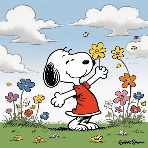 Prompt: 
Prompt : Snoopy et les Enfants Danseurs
Sujet : Deux enfants et Snoopy dansant joyeusement dans un pré fleuri.

Style :

Hommage au style iconique de Charles M. Schulz :
Lignes simples et expressives
Formes rondes et douces
Absence de perspective
Couleurs vives et primaires
Snoopy avec ses oreilles tombantes et son expression espiègle