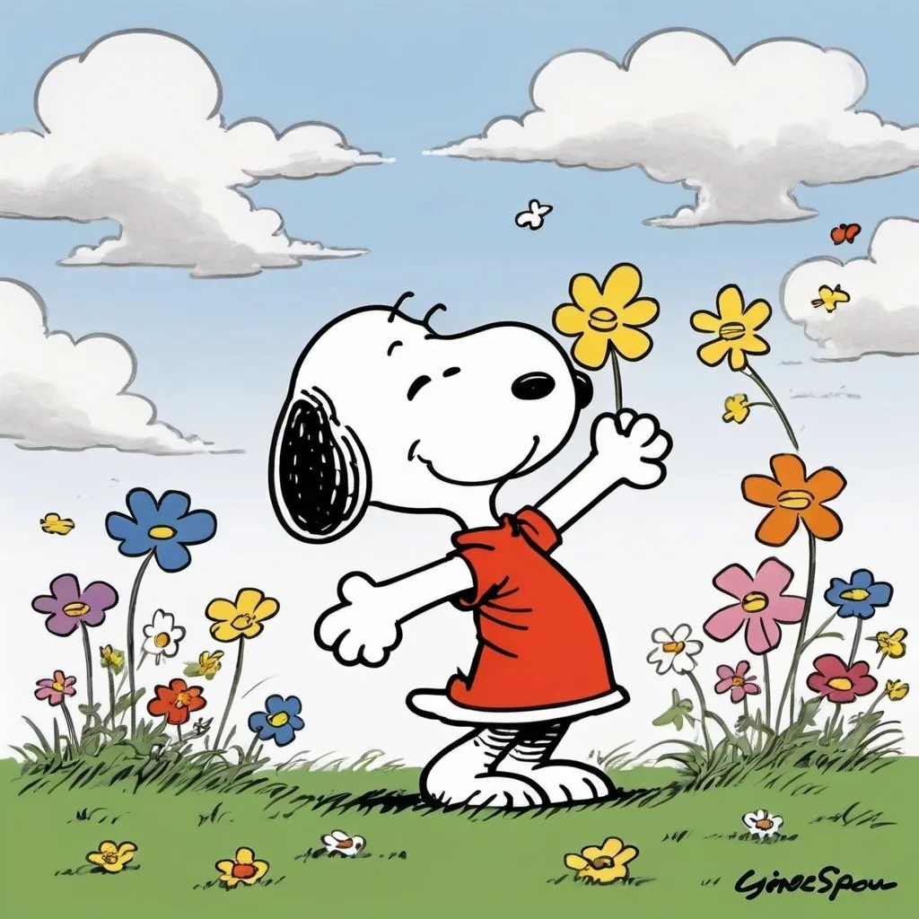 Prompt: 
Prompt : Snoopy et les Enfants Danseurs
Sujet : Deux enfants et Snoopy dansant joyeusement dans un pré fleuri.

Style :

Hommage au style iconique de Charles M. Schulz :
Lignes simples et expressives
Formes rondes et douces
Absence de perspective
Couleurs vives et primaires
Snoopy avec ses oreilles tombantes et son expression espiègle