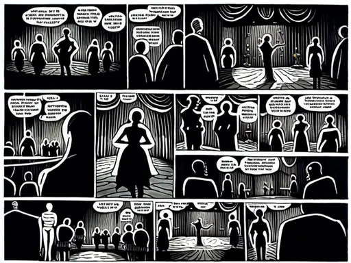 Prompt: stroyboard, storytelling, script comic book; Mysterious performers in a cabaret noir, eerie gothic <mymodel>setting, dimly lit stage, ominous atmosphere, detailed makeup, highres, detailed, misc-macabre, dark tones, gothic, vintage, atmospheric lighting; stroyboard, storytelling, script comic book