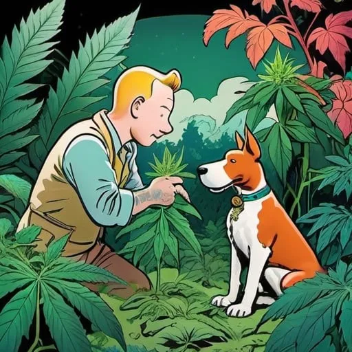 Prompt: Cartoon illustration of Tintin et Milou, surrounded by big cannabis plants, vibrant and colorful, whimsical fantasy setting, intricate details, high quality, misc-manga, fantasy, vibrant colors, intricate design, magical atmosphere