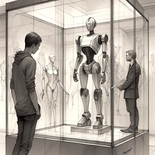 Prompt: <mymodel>a drawing of a robot standing next to a machine in a glass case with a man inside of it, Artgerm, panfuturism, ex machina, concept art