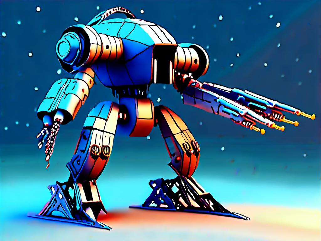 Prompt: <mymodel>High-res, detailed 3D rendering of a combat machine, metallic material with riveted plates, futuristic sci-fi style, technical blue and metallic tones, intense and dramatic lighting, industrial urban setting, heavy-duty mechanical design, powerful and menacing presence, fully armed with advanced weapons, intricate mechanical details, professional-quality, sci-fi, combat machine, metallic, technical blue tones, intense lighting, industrial urban setting, menacing presence, advanced weapons, mechanical details