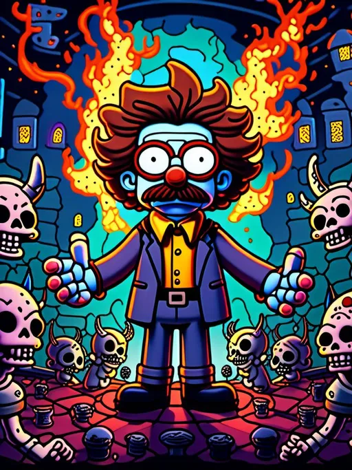 Prompt: Anime by Matt Groening, illustration of Ned Flanders are devil  by Matt Groening; futuristic sci-fi setting, detailed characters, colorful and vibrant, highres, anime by Matt Groening, sci-fi, futuristic, detailed characters, vibrant colors, professional  Matt Groening, dynamic lighting<mymodel>