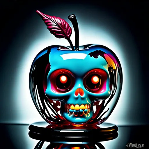 Prompt: <mymodel>Vibrant pop art illustration of a transparent glass apple with daark doll inside sculpture, bold colors, high contrast, detailed glasswork, glossy finish, high quality, misc-macabre, vibrant pop art, bold colors, high contrast, detailed glasswork, glossy finish