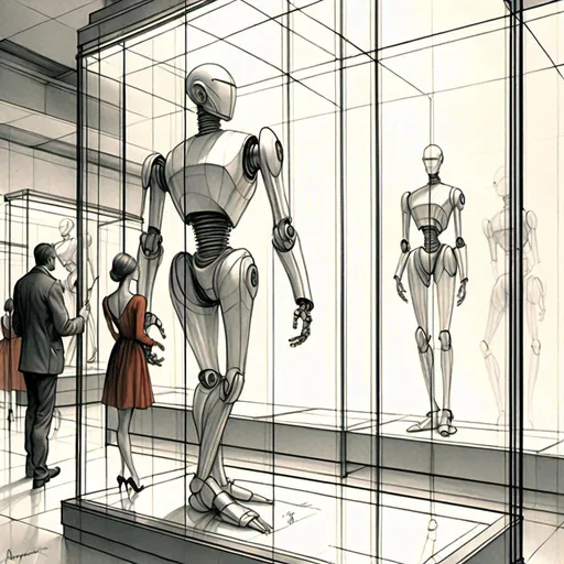 Prompt: <mymodel>a drawing of a robot standing next to a machine in a glass case with a man inside of it, Artgerm, panfuturism, ex machina, concept art