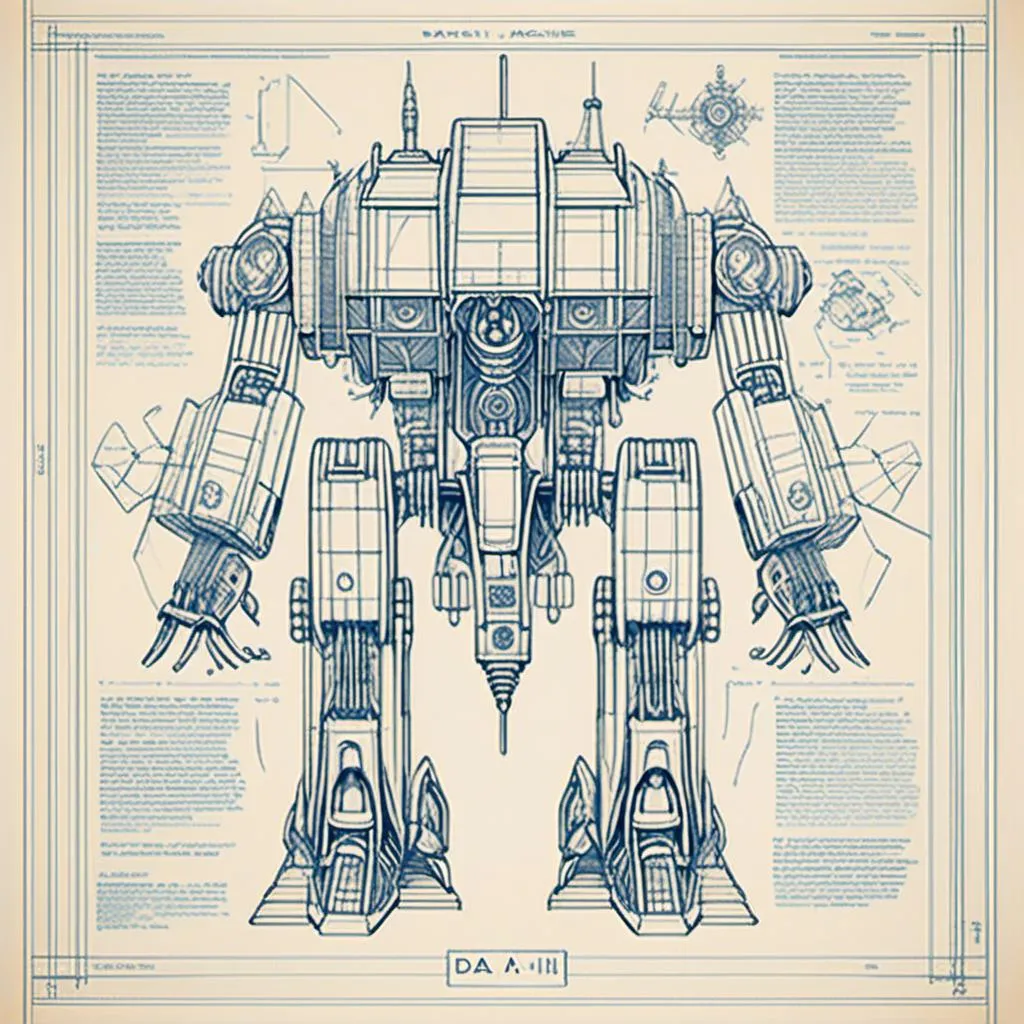 Prompt: blueprint: detailed engineering drawing: light mech, scifi, complex construction, components: dimension diagram, intricate design and technical specifications.a blueprint drawing of da Vinci machine on it's side, with a large amount of details, Beeple, retro-futurism, mecha, a detailed drawing<mymodel>