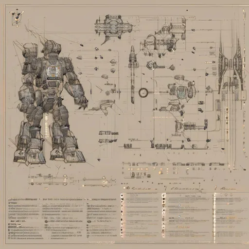 Prompt: blueprint: detailed engineering drawing: light mech, scifi, complex construction, components: dimension diagram, intricate design and technical specifications."La machine de combat Golgoth est une puissante unité de combat de 30 metres de haut. Son corps est en forme humanoide, compose de plaques rivetees et d'un systeme de propulsion a haut-volume, qui lui permet de se deplacer rapidement. Sa tete est disproportionnee, avec des yeux globuleux et injectes de sang, une bouche grande et garnie de dents acerees, des griffes puissantes ou des armes integrees. Sa puissance de destruction colossale lui permet de raser des villes entieres. Sa couleur est sombre, comme le noir, le gris ou le bleu fonce."<mymodel>