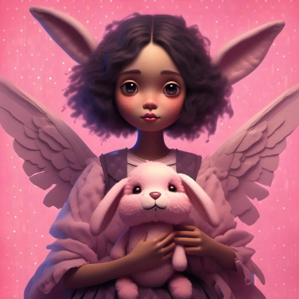 Prompt: A haunting illustration of Zoe with a pink background, holding a plush rabbit. The plush rabbit has a persistent smile and a crumpled look to it. The fairy is made of crinkled tissue paper, with slightly crumpled wings. The atmosphere is haunting and eerie, with dim lighting and misty tones. The image has a vintage style, with detailed plush fur and delicate paper texture. The overall effect is one of mystery and wonder, with a hint of pink in the background<mymodel>