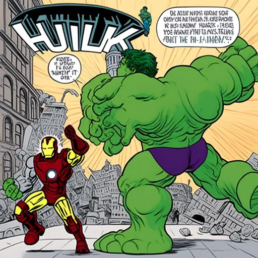 Prompt: <mymodel> 3 panel comic strip Hulk vs iron man cover 75