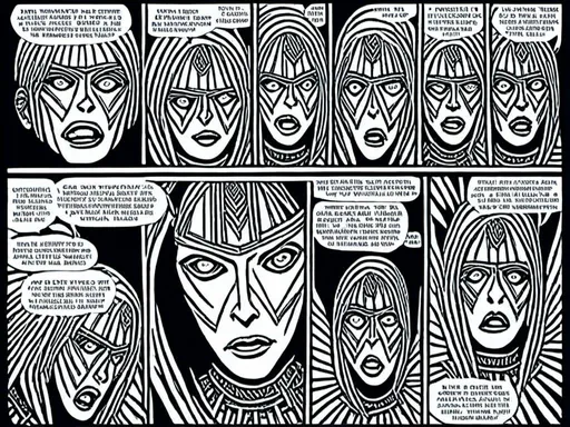 Prompt: <mymodel>stroyboard, storytelling, script comic bookdetailed inked panels, special edition storytelling, high-quality, professional, real, intense actionteenage female cenobite with face covered in symmetrical metal blades and machines. insane laughter, dead, dead white eyes, Goddess of love and pain, divine madness, detailed facial expression, suspended in air by chains coming out of her body, ultra fine details, masterpiece, <mymodel>stroyboard, storytelling, script comic book