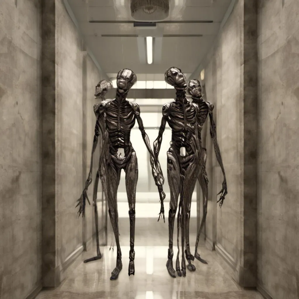 Prompt: <mymodel>a creepy looking creature with a large head and two smaller heads on his body in a hallway with a wall, shock art, hyper real, a 3D render