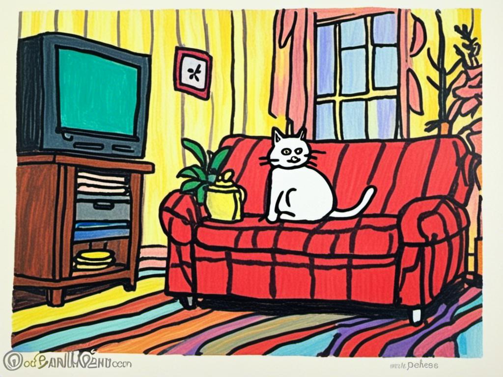 Prompt: <mymodel> a cat shows a cat on the living room television drawing of a contented cat enjoying, inked, detailed fur with subtle highlights, tranquil ambiance, high quality, charcoal drawing, realistic, detailed, contented cat, a cat shows a cat on the living room television, tranquil ambiance