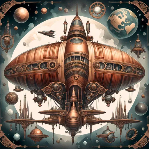 Prompt: <mymodel>Steampunk illustration of 'Odysseus' Earth space shuttle, brass and copper tones, mechanical gears and cogs, Victorian-era design, steam-powered propulsion, detailed rivets and aged metal, intricate spacecraft interior, futuristic yet antique, atmospheric lighting, high quality, detailed machinery, steampunk, antique tones, intricate design, spacecraft interior, aged metal, atmospheric lighting