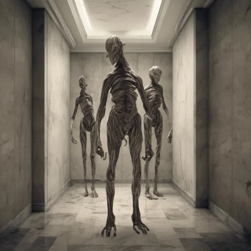 Prompt: <mymodel>a creepy looking creature with a large head and two smaller heads on his body in a hallway with a wall, shock art, hyper real, a 3D render