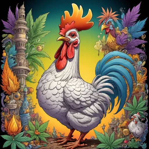 Prompt: prompt de base : Cartoon illustration " POULE majestueuse  " with basmoking big joint with friends and big cannabis, vibrant and colorful, whimsical fantasy setting, intricate details, high quality, misc-manga, fantasy, vibrant colors, intricate design, magical atmosphere.
