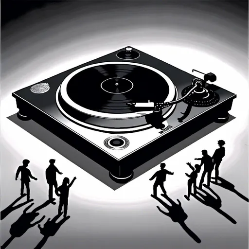 Prompt: <mymodel> here's an isometric view of a hand DJ: In this isometric view, the DJ is standing with both hands on the turntable, manipulating the record. The record is spinning quickly, creating a dynamic effect. The turntable is positioned in the center of the isometric space, with the DJ's hands hovering above it. The DJ's arms are positioned slightly out to the sides, creating a dynamic and energetic composition. The whole scene is presented from an isometric viewpoint, with a dynamic perspective and a cinematic quality.