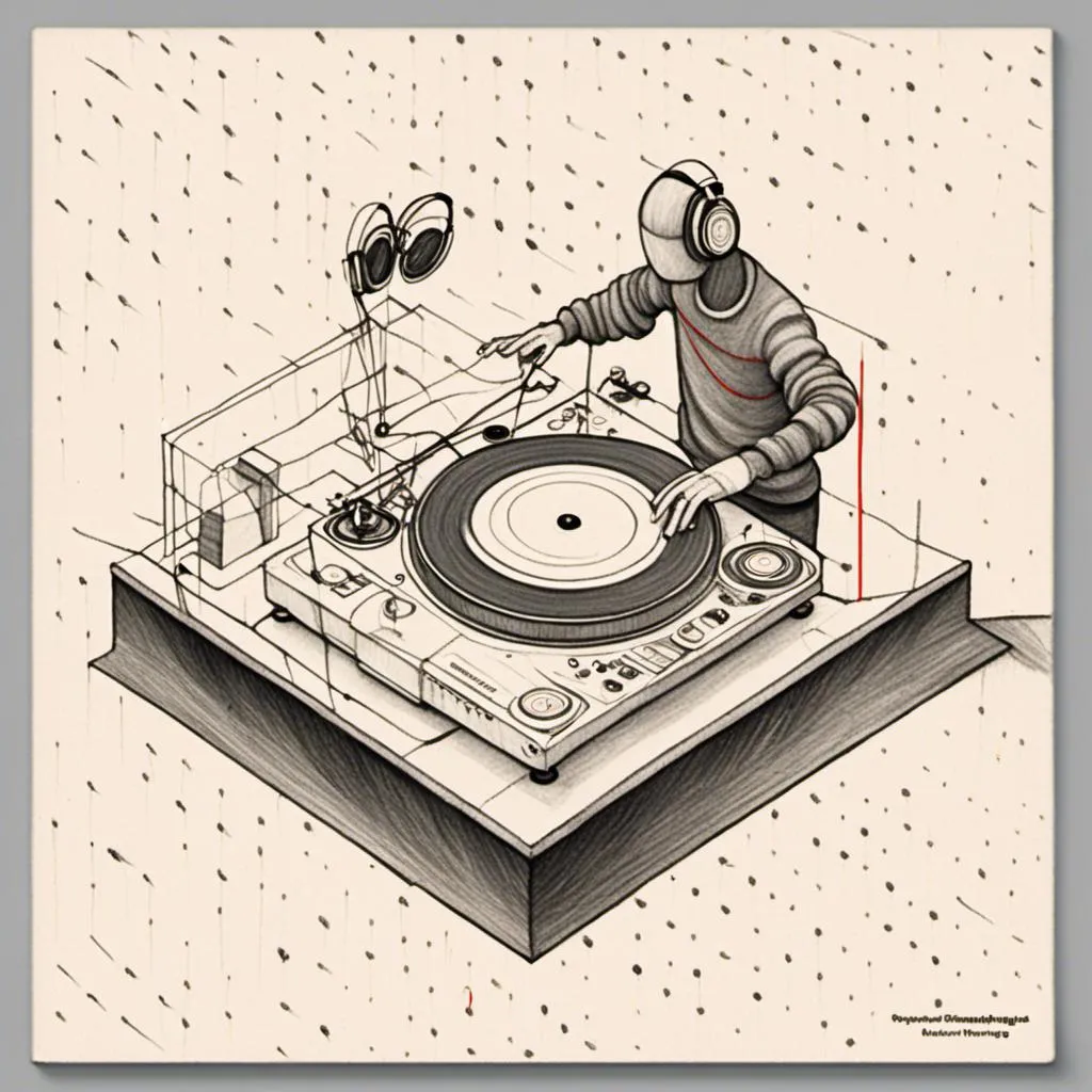 Prompt: <mymodel><mymodel> here's an isometric view of a hand DJ: In this isometric view, the DJ is standing with both hands on the turntable, manipulating the record. The record is spinning quickly, creating a dynamic effect. The turntable is positioned in the center of the isometric space, with the DJ's hands hovering above it. The DJ's arms are positioned slightly out to the sides, creating a dynamic and energetic composition. The whole scene is presented from an isometric viewpoint, with a dynamic perspective and a cinematic quality.