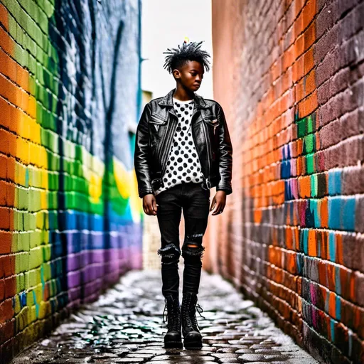 Prompt: 
Pointillism (ultra-detailed dots)
BLACK AND WHITE colors (MUTED)
SHADOWS High-resolution
Professional light
youngS punks, clad in ripped IMPRIMED leather jackets, IMPRIMED  tartan JEANS, and IMPRIMED  Doc Martens boots, stand with a rebellious air in front of a painted brick wall. The wall explodes with a riot of rainbow colors, adorned with graffiti that declares messages of defiance and social change. Imagine the scene rendered in the detailed, pointillism style. creating a scene that pulsates with electrifying energy. Each individual punk's expression is captured with precise detail, their gazes focused and intense, reflecting the rebellious spirit of both London and Amsterdam's punk scene 1975. The lighting is professional, highlighting the unique details of their clothing and the weathered texture of the brick wall.

<mymodel>