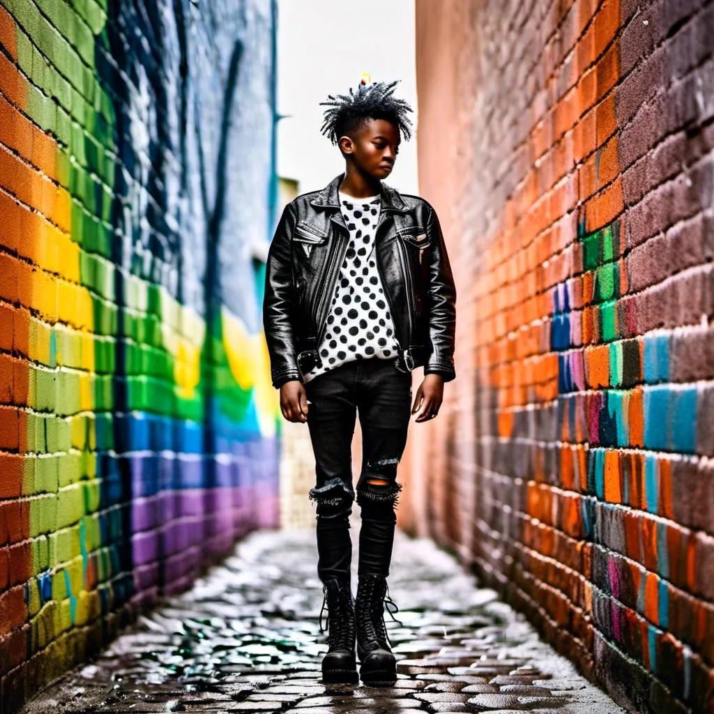 Prompt: 
Pointillism (ultra-detailed dots)
BLACK AND WHITE colors (MUTED)
SHADOWS High-resolution
Professional light
youngS punks, clad in ripped IMPRIMED leather jackets, IMPRIMED  tartan JEANS, and IMPRIMED  Doc Martens boots, stand with a rebellious air in front of a painted brick wall. The wall explodes with a riot of rainbow colors, adorned with graffiti that declares messages of defiance and social change. Imagine the scene rendered in the detailed, pointillism style. creating a scene that pulsates with electrifying energy. Each individual punk's expression is captured with precise detail, their gazes focused and intense, reflecting the rebellious spirit of both London and Amsterdam's punk scene 1975. The lighting is professional, highlighting the unique details of their clothing and the weathered texture of the brick wall.

<mymodel>