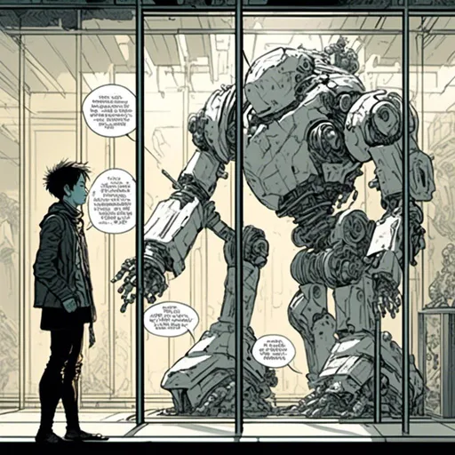 Prompt: <mymodel>a robot standing next to a machine in a glass case with a man inside of it, Artgerm, panfuturism, ex machina, concept art robot stortelling of  panels of comic for manga, with speech bubbles. white and empty Speech bubbles, double page, surreal atmosphere, symbolic representation, high contrast, deep shadows, monochromatic, digital rendering, high quality, minimalist, conceptual art, graffiti style, abstract, surreal, symbolic, atmospheric lighting, comic édition. full strory comic love robot, white and empty Speech bubbles, stortelling  a robot standing next to a machine in a glass case with a man inside of it, Artgerm, panfuturism, ex machina, concept art