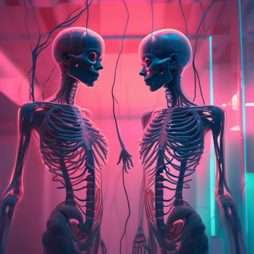 Prompt: humain Translucent-skinned woman with a skeleton head with visible human vein and nervous system, standing up, soft neon light, Beeple style, digital art, cybernetic, cyberpunk,with visible human vein and nervous system,<mymodel> highres, detailed, futuristic, edgy, cool tones, eerie lighting, professional digital rendering