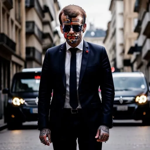 Prompt: frensch president macron, full stand up,  punk outfit, head with street tatoo , neoism, photo real, a stock photo
