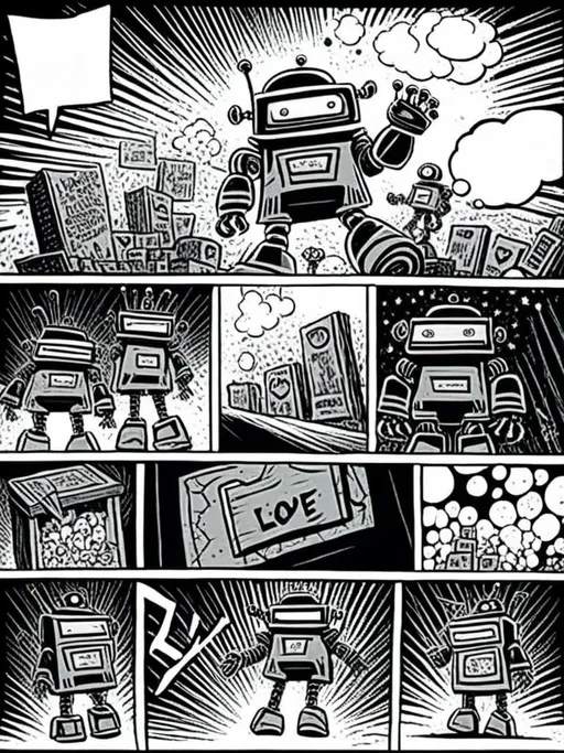 Prompt: <mymodel>love robot stortelling of  panels of comic for manga, double page, surreal atmosphere, symbolic representation, high contrast, deep shadows, monochromatic, digital rendering, high quality, minimalist, conceptual art, graffiti style, abstract, surreal, symbolic, atmospheric lighting, comic édition. full strory comic love robot stortelling 