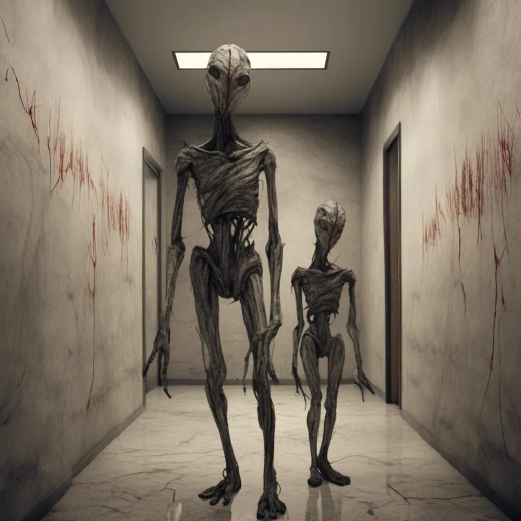 Prompt: <mymodel>a creepy looking creature with a large head and two smaller heads on his body in a hallway with a wall, shock art, hyper real, a 3D render