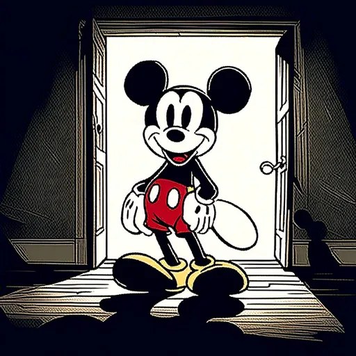 Prompt: <mymodel>Creepy, unsettling illustration of Mickey Mouse, dark and eerie ambiance, eerie details, high quality, detailed shadows, horror, sinister, disturbing, eerie lighting, surreal, unsettling atmosphere, dark tones, menacing, suspenseful, detailed, haunting, ominous