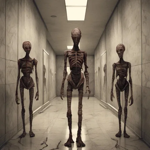 Prompt: <mymodel>a creepy looking creature with a large head and two smaller heads on his body in a hallway with a wall, shock art, hyper real, a 3D render