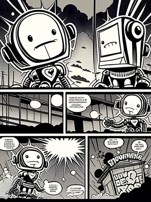 Prompt: <mymodel>love robot stortelling of  panels of comic for manga, double page, surreal atmosphere, symbolic representation, high contrast, deep shadows, monochromatic, digital rendering, high quality, minimalist, conceptual art, graffiti style, abstract, surreal, symbolic, atmospheric lighting, comic édition. full strory comic love robot stortelling 