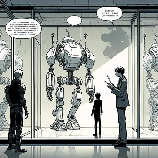 Prompt: <mymodel>a robot standing next to a machine in a glass case with a man inside of it, Artgerm, panfuturism, ex machina, concept art robot stortelling of  panels of comic for manga, with speech bubbles. white and empty Speech bubbles, double page, surreal atmosphere, symbolic representation, high contrast, deep shadows, monochromatic, digital rendering, high quality, minimalist, conceptual art, graffiti style, abstract, surreal, symbolic, atmospheric lighting, comic édition. full strory comic love robot, white and empty Speech bubbles, stortelling  a robot standing next to a machine in a glass case with a man inside of it, Artgerm, panfuturism, ex machina, concept art