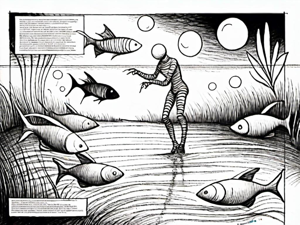 Prompt: <mymodel><mymodel>stroyboard, storytelling, script comic book, Creez un dessin a la main surrealiste en noir et blanc d'un poisson squelettique en train de nager dans un paysage onirique. Le poisson doit avoir des bulles de dialogue contenant des mots et des lettres etranges. Le fond doit etre abstrait et enigmatique. Couleurs : Noir et blanc. Style : Onirisme et abstrait. Dessin : A la main. Bulles de dialogue : Contenant des mots et des lettres etranges.