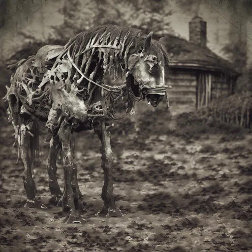 Prompt: Decaying horse, dark and eerie atmosphere, gloomy setting, macabre style, rotting flesh, haunting presence, eerie lighting, high contrast, unsettling details, visceral textures, eerie shadows, horror, gothic, distorted features, unsett<mymodel>ling, surreal, highres, eerie tones, visceral, atmospheric lighting