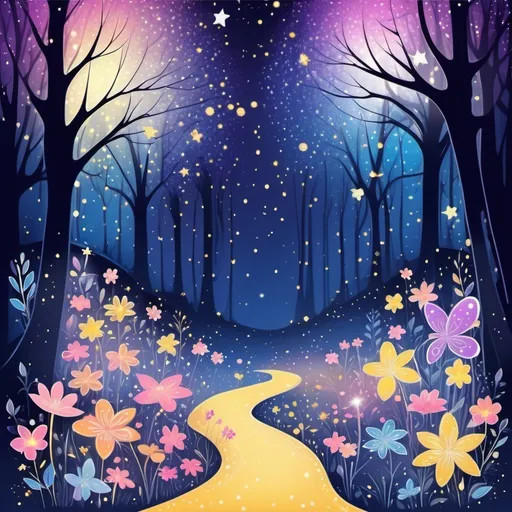 Prompt: background picture filled with fantasy and like a fairy tale in a magical forest with stars as flowers, better with sparkle and in dark blue, yellow pink and purple colour , in a hand-drawing style, also in a3 landscapesize