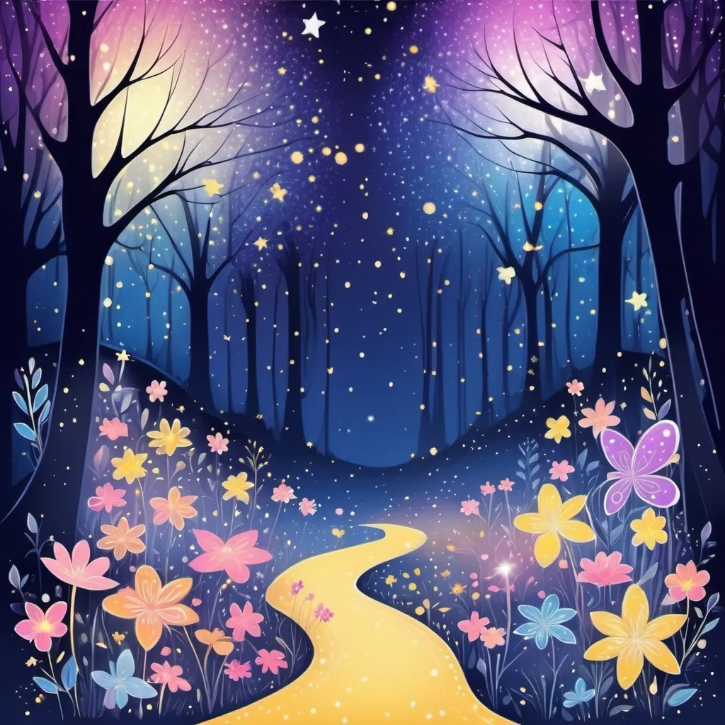 Prompt: background picture filled with fantasy and like a fairy tale in a magical forest with stars as flowers, better with sparkle and in dark blue, yellow pink and purple colour , in a hand-drawing style, also in a3 landscapesize