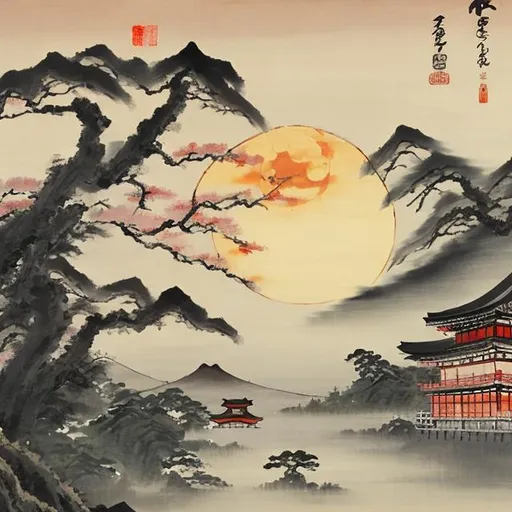 Prompt: A japanese style painting of the full moon