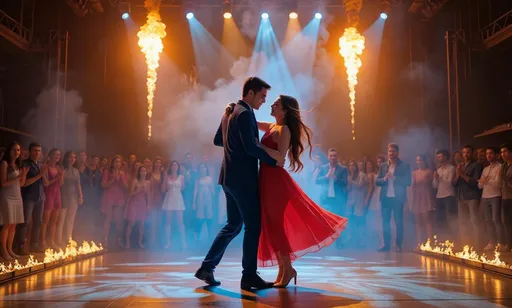 Prompt: Under the vivid glow of dramatic stage lights, a couple captivates the audience as they dance center stage, surrounded by swirling smoke and bursts of flame. The man in a sharp suit and the woman in a flowing red dress share an intimate moment, their eyes locked and expressions conveying a mix of passion and joy. Spectators, dressed in a variety of outfits, watch in awe from the dimly lit edges of the grand venue, where colorful beams of blue and orange light create an electrifying atmosphere. The scene blends the thrill of live performance with an energetic ambiance, suggesting a celebration or competition filled with excitement and emotion, as fire flares erupt around the dancing pair, enhancing the dramatic spectacle. Dancing bollywood