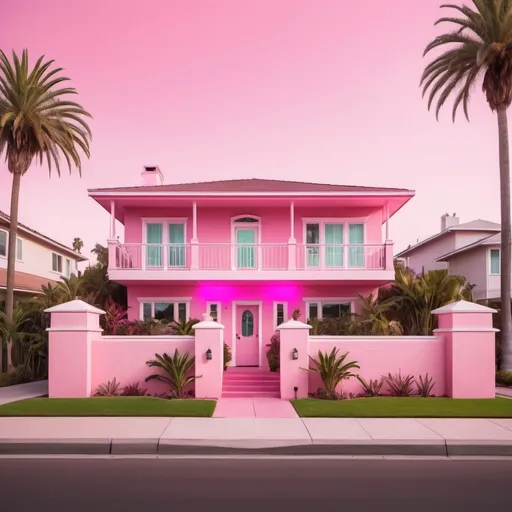 Prompt: Pink Californian-style house at day,white and pink colours, clean image,  neon glow lights, high quality, vibrant color tones, atmospheric lighting, detailed architecture, stylish, modern, palm trees, upscale neighborhood, neon lights, warm and inviting, luxurious, cozy atmosphere