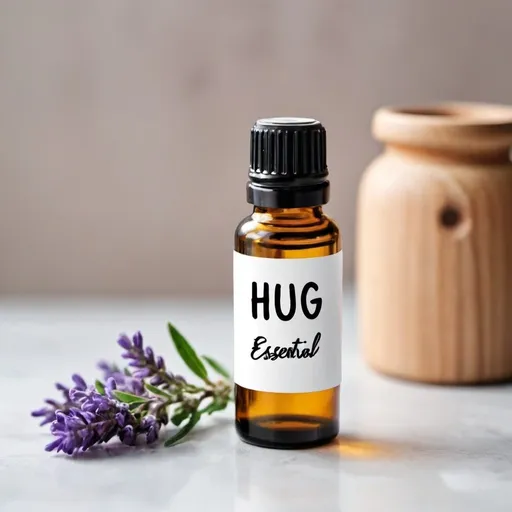 Prompt: photo of an essential oil bottle with hug written on it