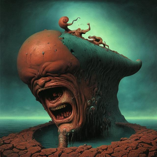 Prompt: Polyphemus screaming in pain. Surrealist painting in the style of Zdzislaw Beksinski