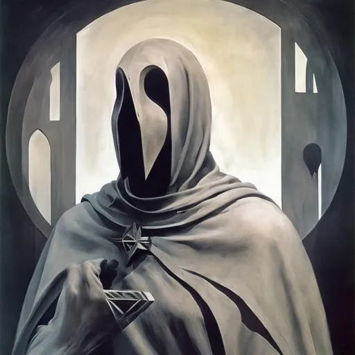 Prompt: A Templar knight with no face, holding a mask in his hand. Surrealist painting by Zdzislaw Beksiniski