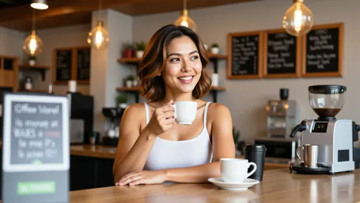 Prompt: @Aq34CYq7Pv8oFZWJAXvM is receiving a cup of coffee in a coffee shop in suburban melbourne, Arms Slightly Spread