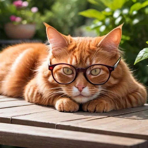 Prompt: Red Cat ist lying in the table with small round glasses on table ist in the garden
