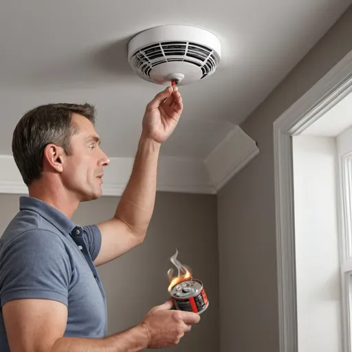 Prompt: create a photorealistic picture of a man changing the battery of his smoke detector in his home