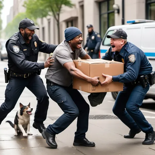 Prompt: create a photorealistic picture of one Amazon delivery driver being attacked by one homeless person while one police officer is laughing at the scene