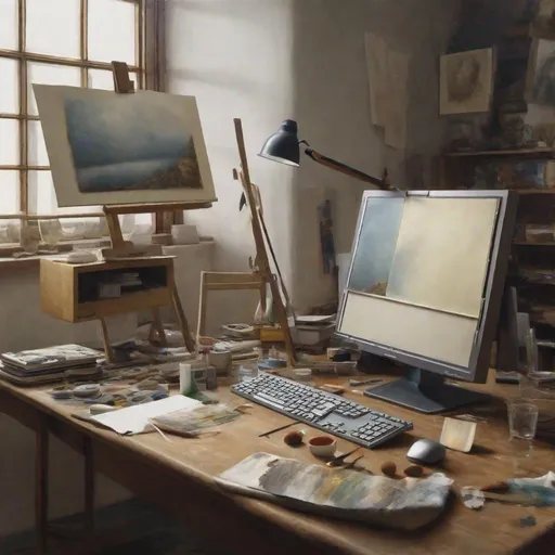 Prompt: Create a photorealistic picture of a modern computer painting a painting in Leonardo's studio